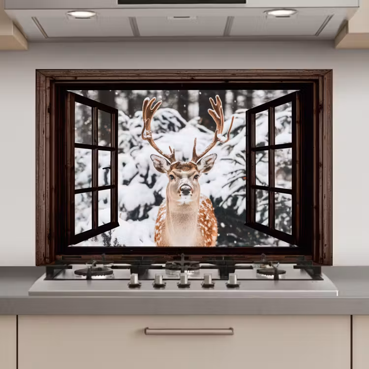 Keuken achterwand - Hert - Sneeuw - Winter - Bos - Dieren - Doorkijk — 1