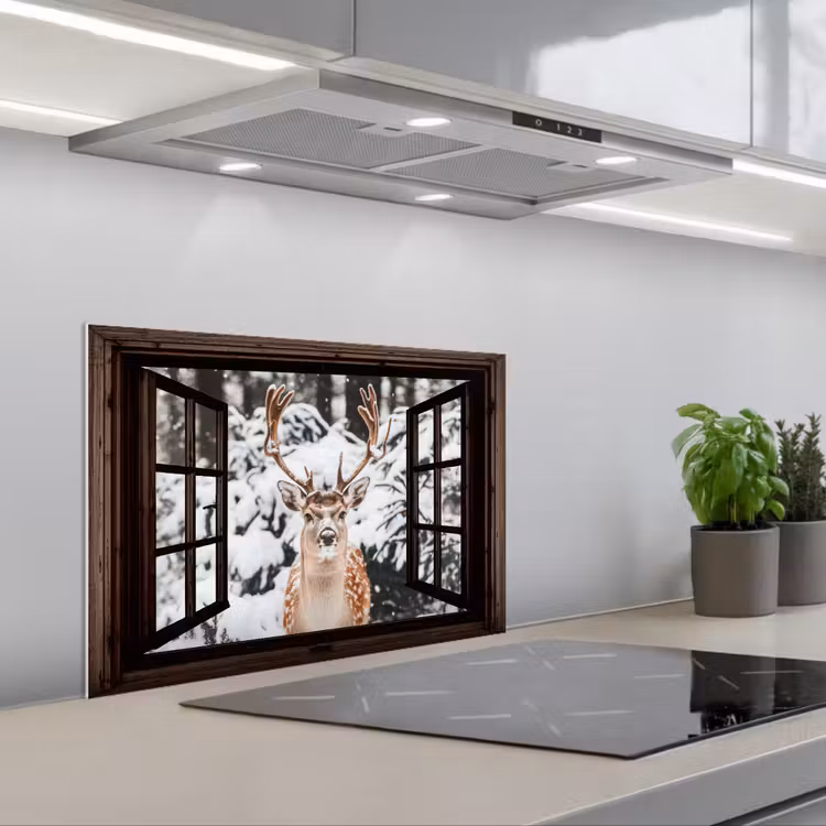 Keuken achterwand - Hert - Sneeuw - Winter - Bos - Dieren - Doorkijk — 5