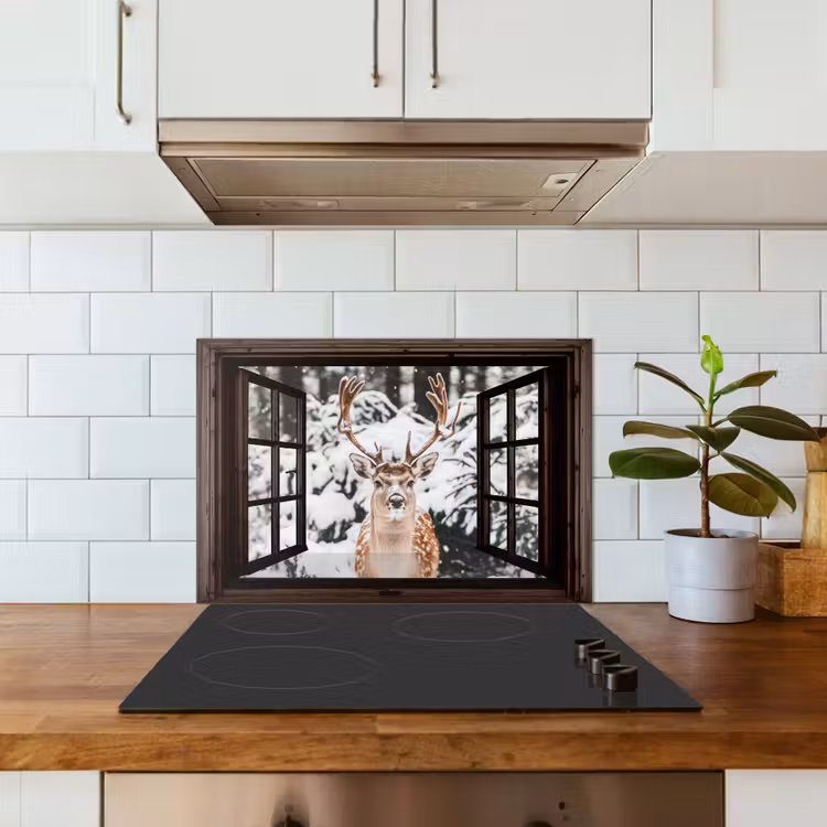 Keuken achterwand - Hert - Sneeuw - Winter - Bos - Dieren - Doorkijk — 6