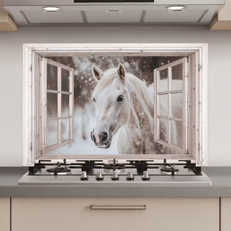 Keuken achterwand - Paard - Wit - Winter - Sneeuw - Doorkijk - Dieren — 1