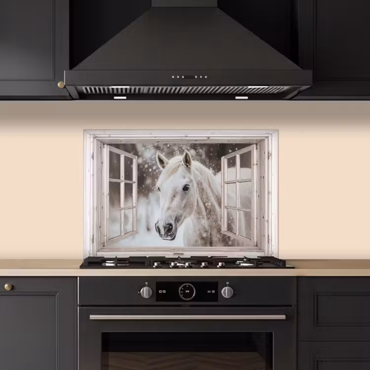 Keuken achterwand - Paard - Wit - Winter - Sneeuw - Doorkijk - Dieren — 2