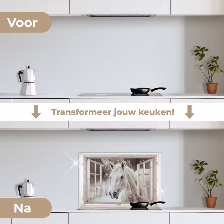 Keuken achterwand - Paard - Wit - Winter - Sneeuw - Doorkijk - Dieren — 3