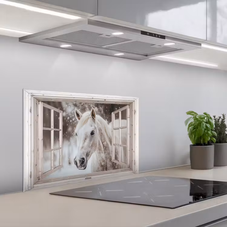 Keuken achterwand - Paard - Wit - Winter - Sneeuw - Doorkijk - Dieren — 5
