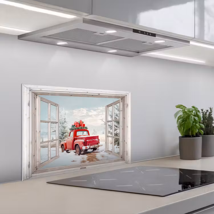 Keuken achterwand - Auto - Rood - Cadeaus - Winter - Kerst - Doorkijk - Wit — 5