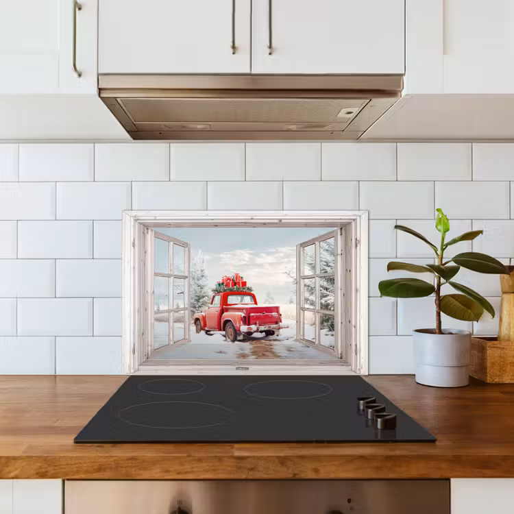 Keuken achterwand - Auto - Rood - Cadeaus - Winter - Kerst - Doorkijk - Wit — 6