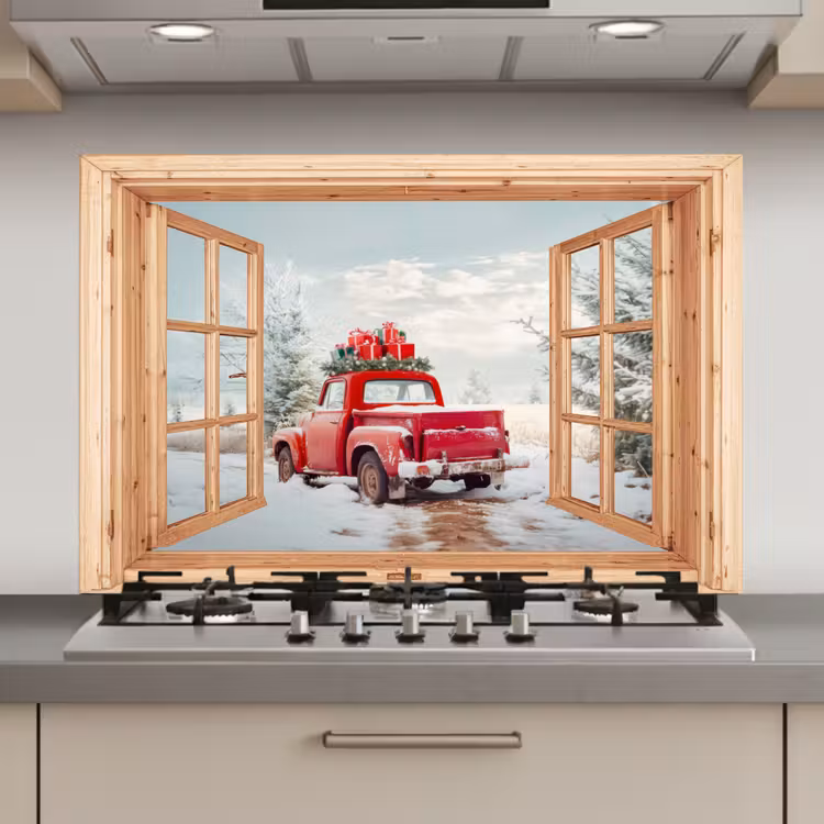 Keuken achterwand - Doorkijk - Auto - Kerst - Cadeaus - Winter - Landschap — 1