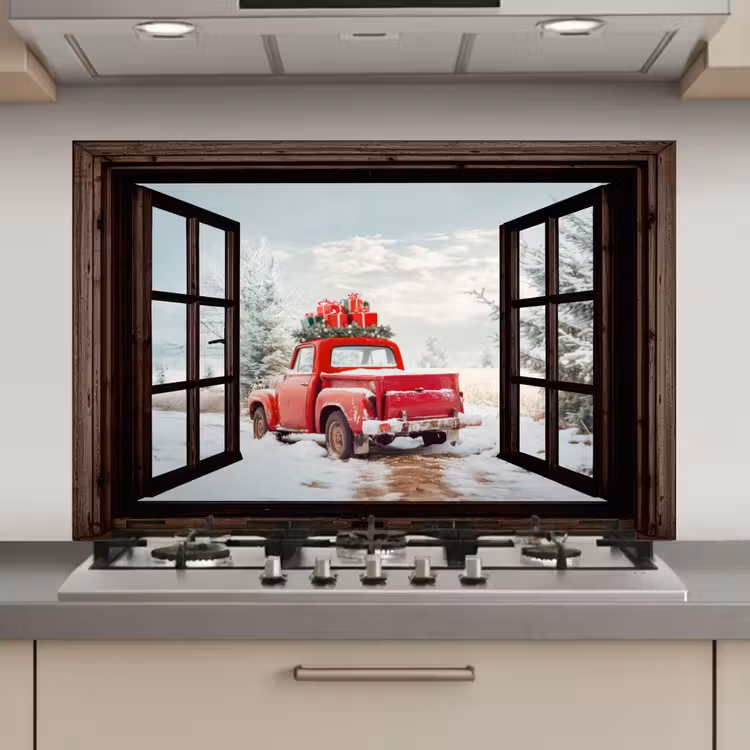 Keuken achterwand - Doorkijk - Auto - Rood - Cadeaus - Winterlandschap - Kerst — 1
