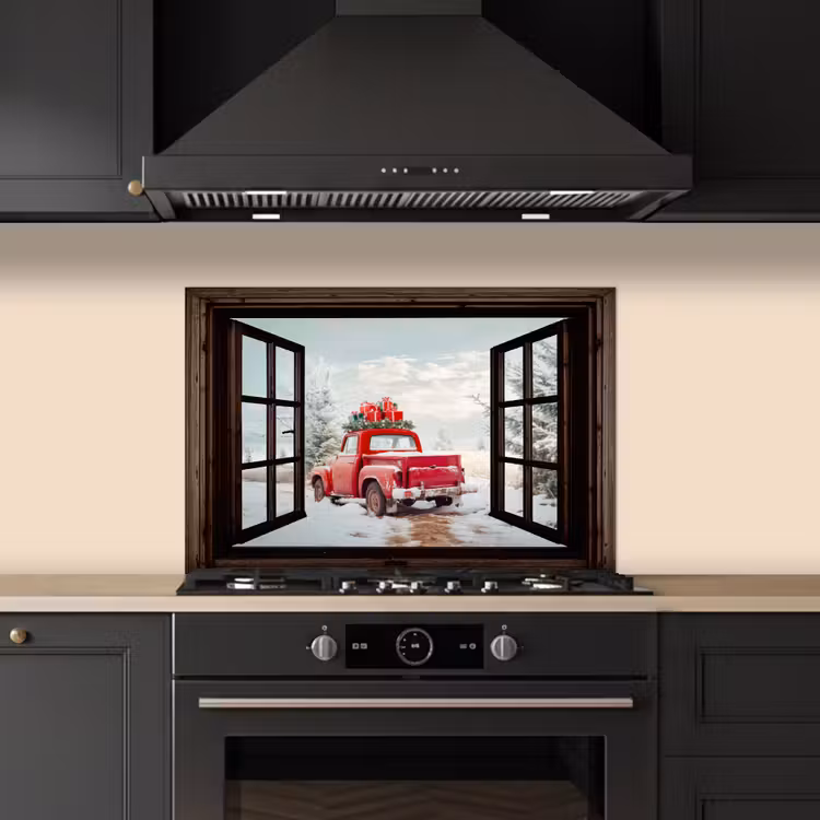 Keuken achterwand - Doorkijk - Auto - Rood - Cadeaus - Winterlandschap - Kerst — 2