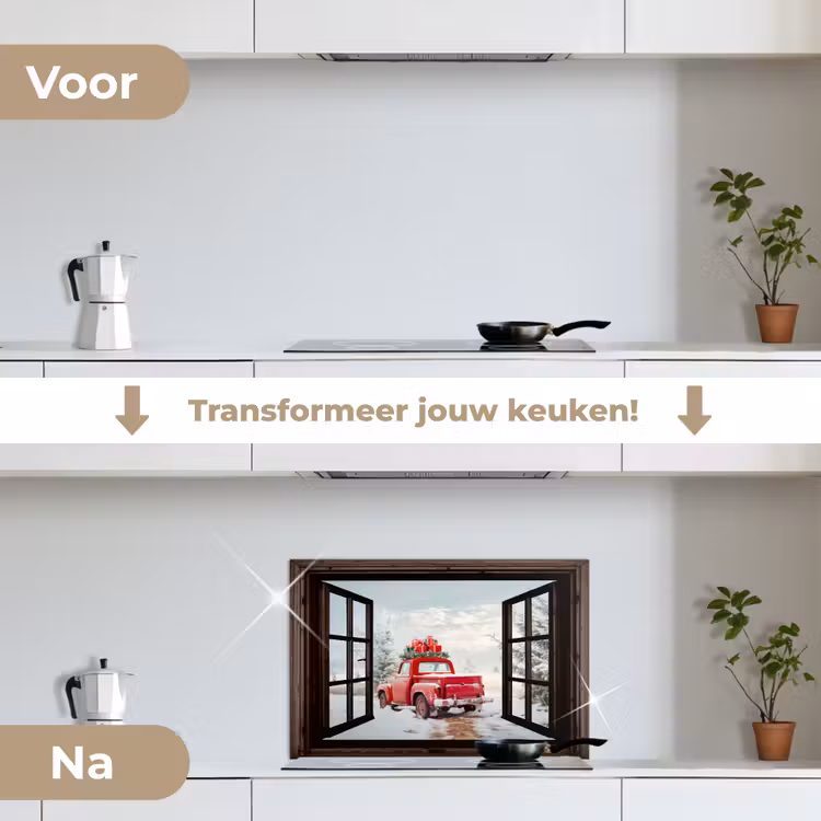 Keuken achterwand - Doorkijk - Auto - Rood - Cadeaus - Winterlandschap - Kerst — 3