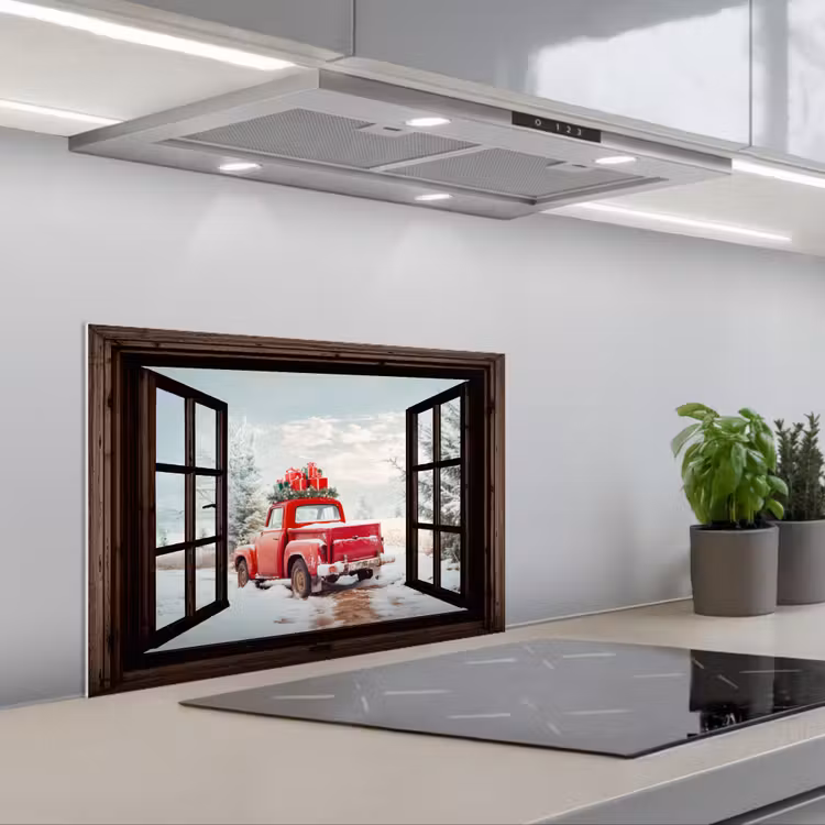 Keuken achterwand - Doorkijk - Auto - Rood - Cadeaus - Winterlandschap - Kerst — 5