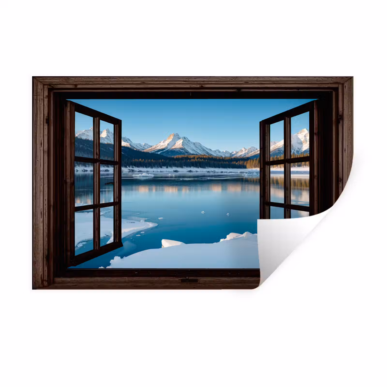 Muursticker - Doorkijk - Winterlandschap - Meer - Bergen - Uitzicht — 1
