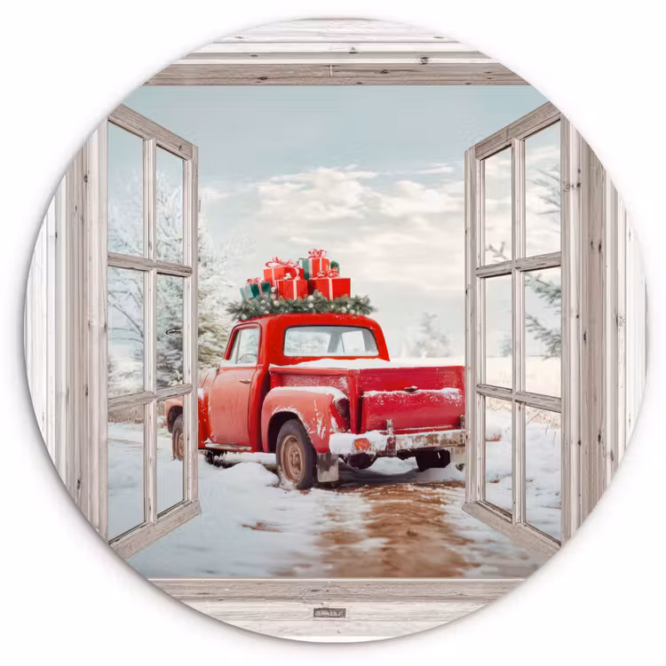 Muurcirkel - Auto - Rood - Cadeaus - Winter - Kerst - Doorkijk - Wit — 1