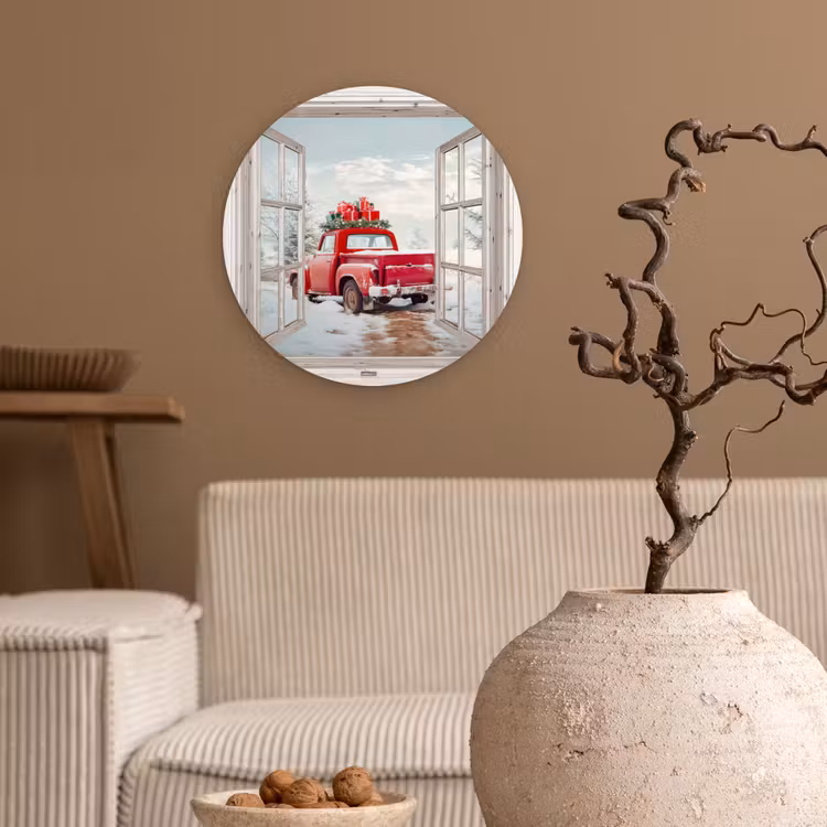 Muurcirkel - Auto - Rood - Cadeaus - Winter - Kerst - Doorkijk - Wit — 2