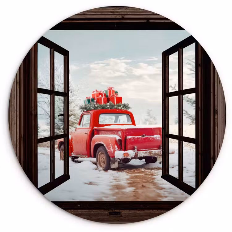 Muurcirkel - Doorkijk - Auto - Rood - Cadeaus - Winterlandschap - Kerst — 1