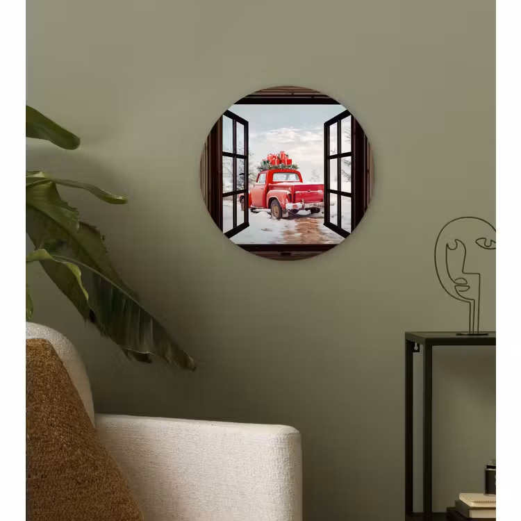 Muurcirkel - Doorkijk - Auto - Rood - Cadeaus - Winterlandschap - Kerst — 3