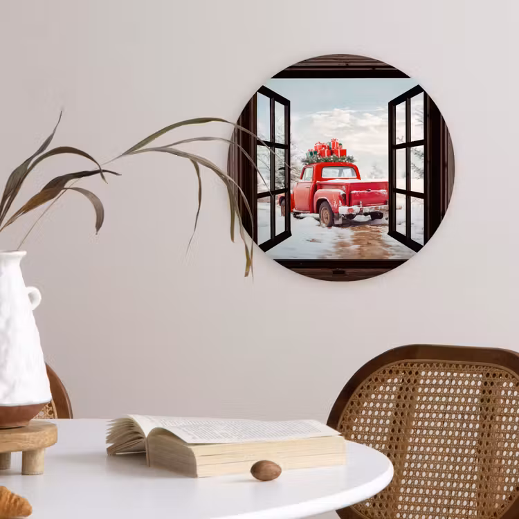 Muurcirkel - Doorkijk - Auto - Rood - Cadeaus - Winterlandschap - Kerst — 4