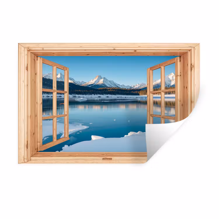 Muursticker - Doorkijk - Landschap - Winter - Meer - Bergen - Uitzicht — 1