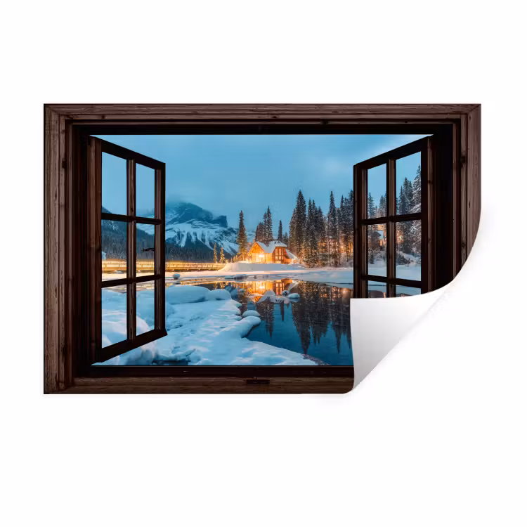 Muursticker - Doorkijk - Winter - Landschap - Natuur - Huis - Bergen — 1