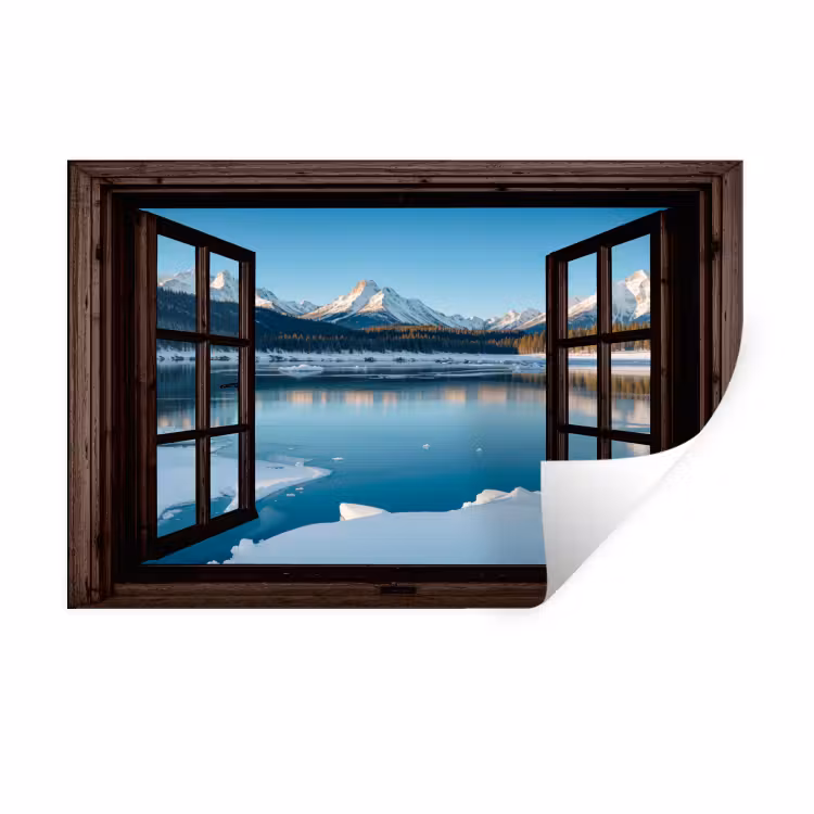 Muursticker - Doorkijk - Winterlandschap - Meer - Bergen - Uitzicht — 1