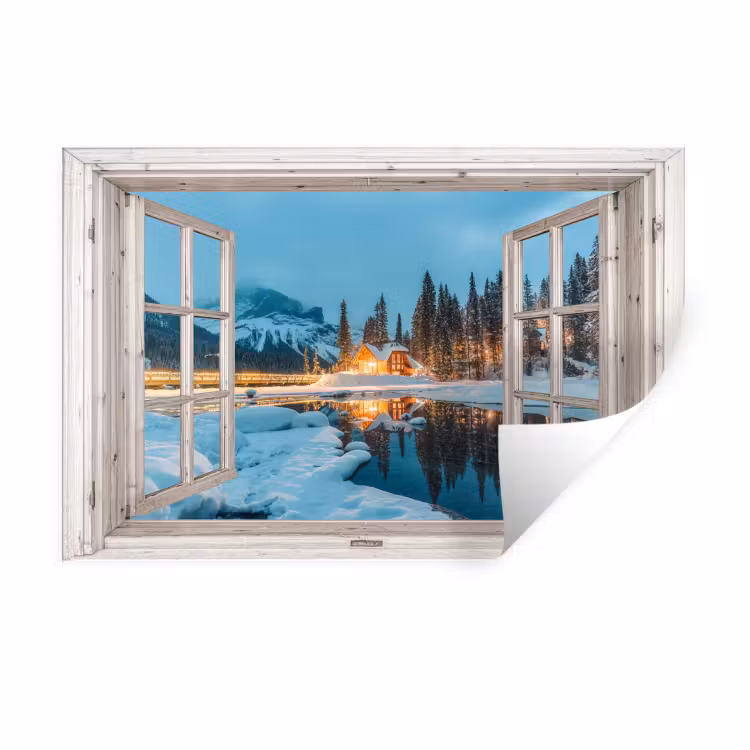 Muursticker - Doorkijk - Winterlandschap - Natuur - Huis - Bergen — 1