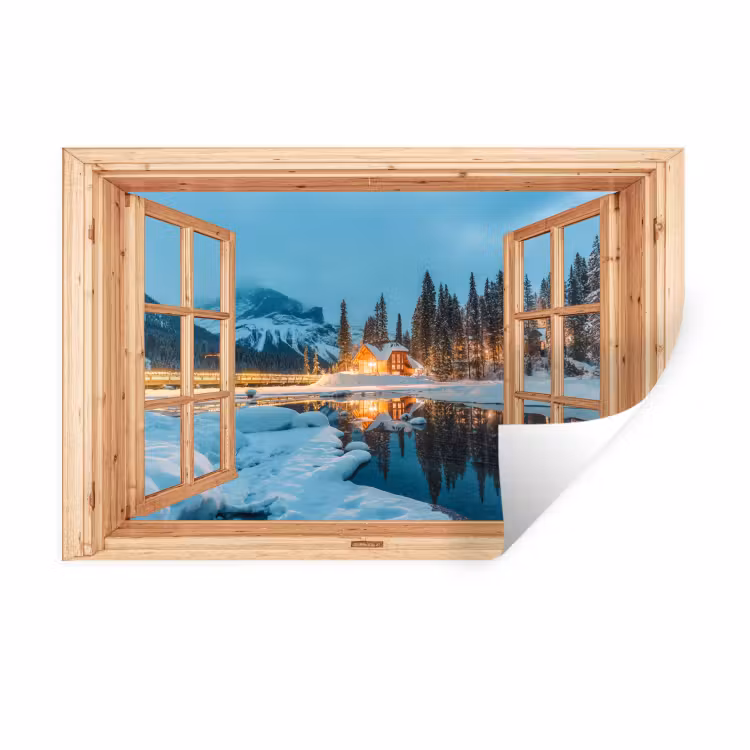 Muursticker - Winterlandschap - Natuur - Huis - Bergen - Doorkijk - Raam — 1