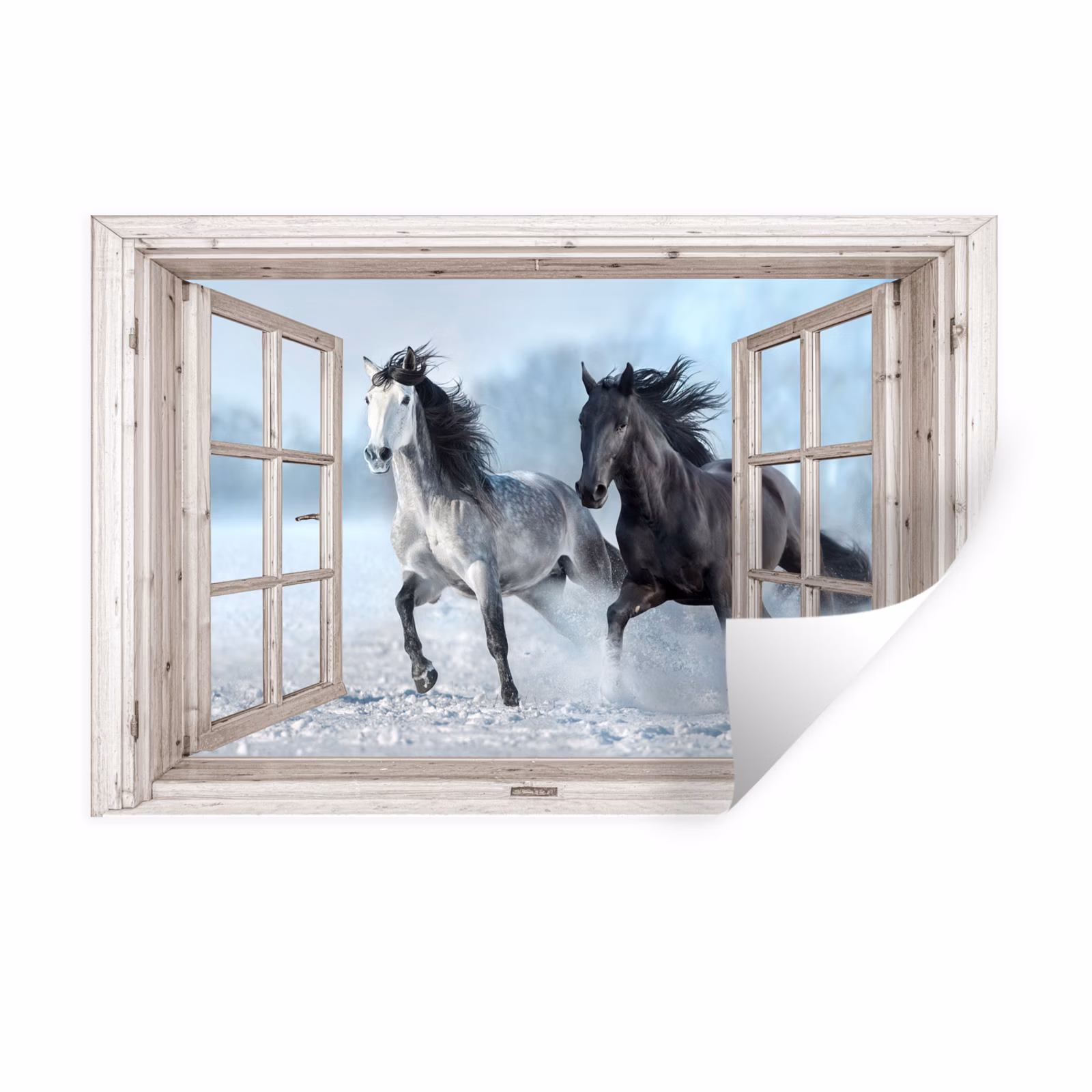 Muursticker - Doorkijk - Paarden - Winter - Dieren - Natuur - Wit — 1