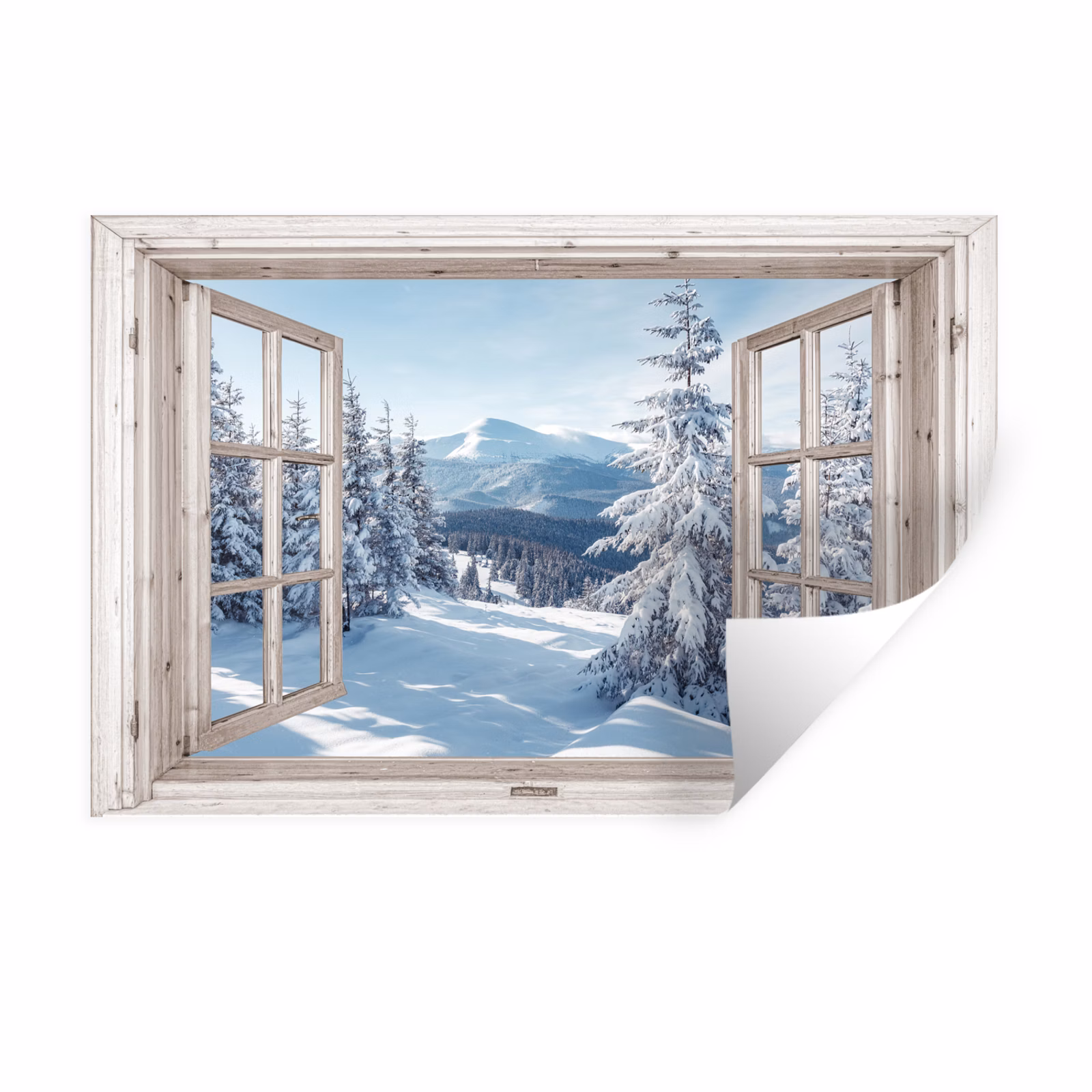 Muursticker - Doorkijk - Winter - Landschap - Natuur - Berg - Bomen - Wit — 1