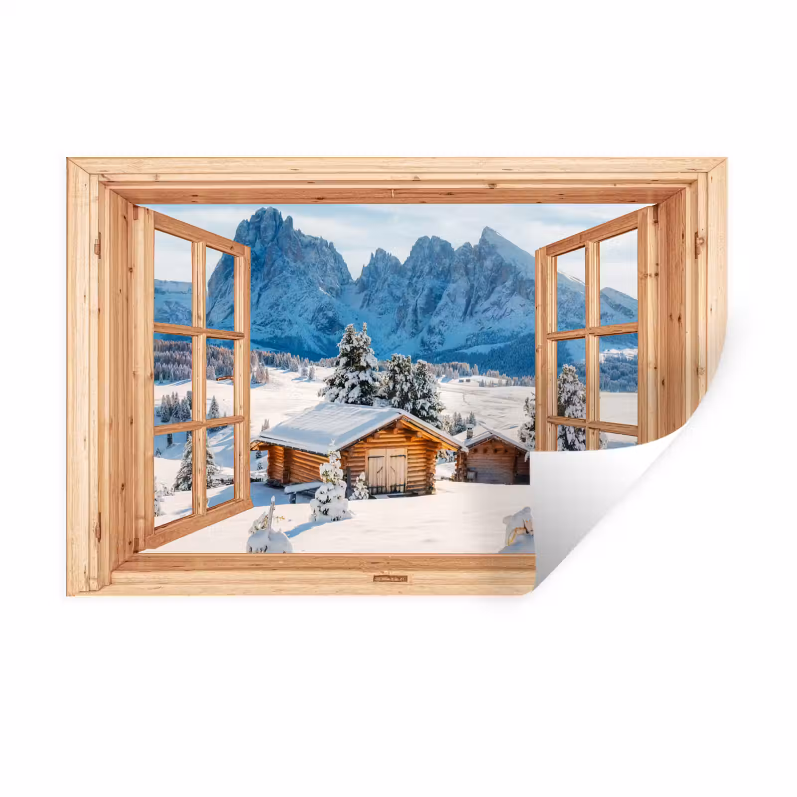 Muursticker - Doorkijk - Winterlandschap - Huisje - Bergen - Uitzicht — 1