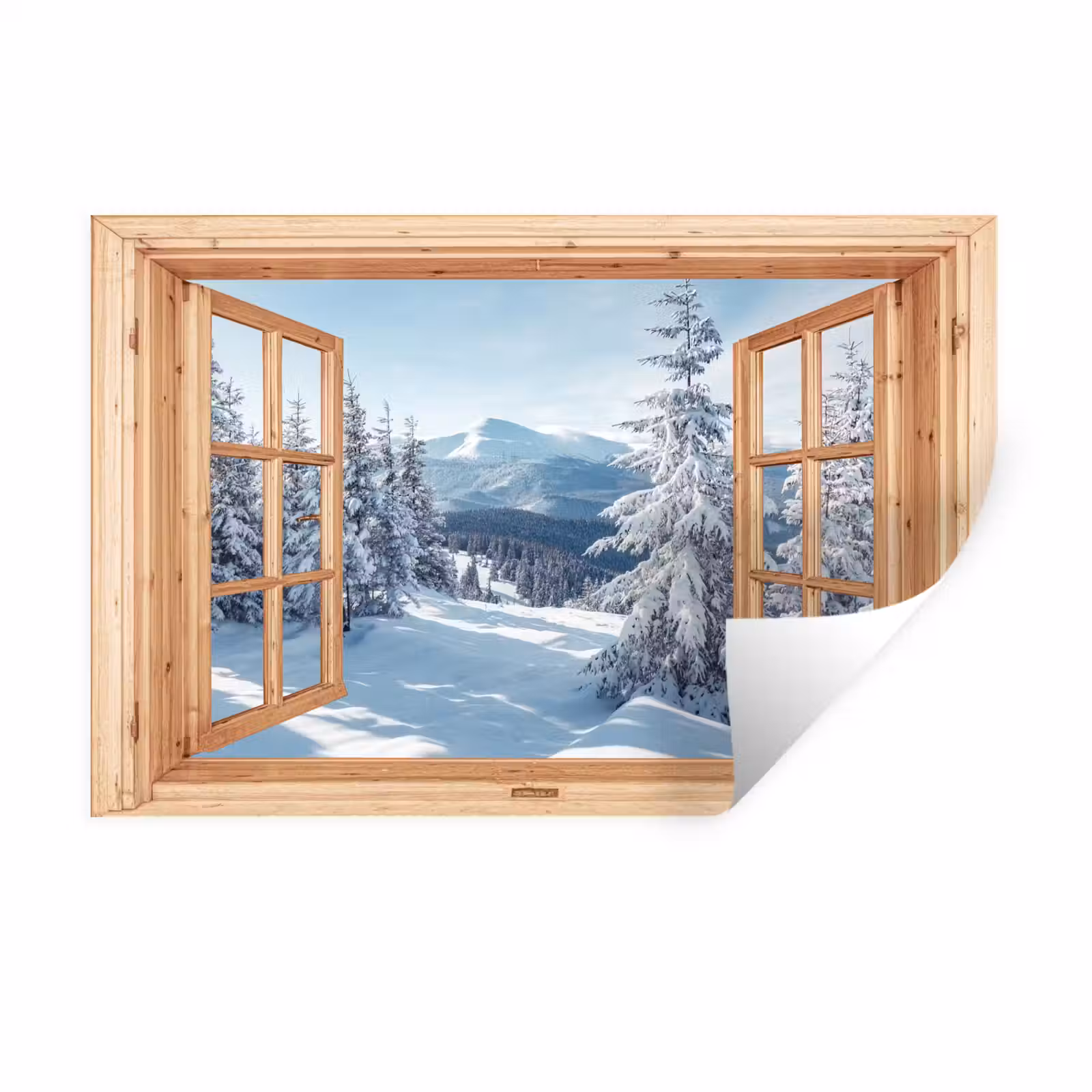 Muursticker - Doorkijk - Winterlandschap - Natuur - Berg - Bomen - Hout — 1
