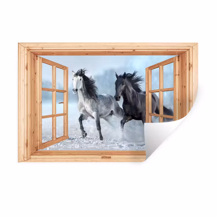 Muursticker - Doorkijk - Paarden - Winter - Dieren - Natuur - Hout — 1