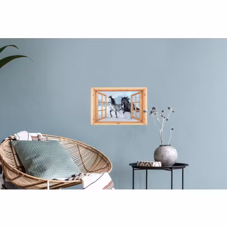 Muursticker - Doorkijk - Paarden - Winter - Dieren - Natuur - Hout — 4