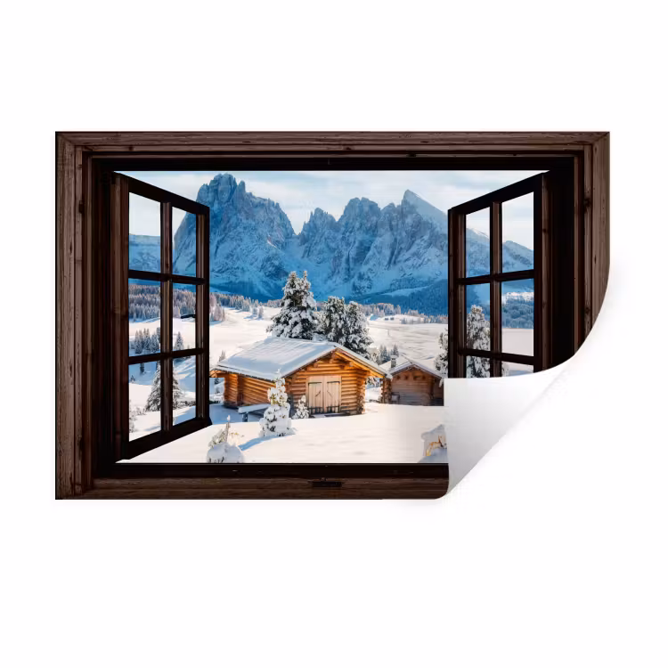 Muursticker - Doorkijk - Winter - Landschap - Huisje - Bergen — 1
