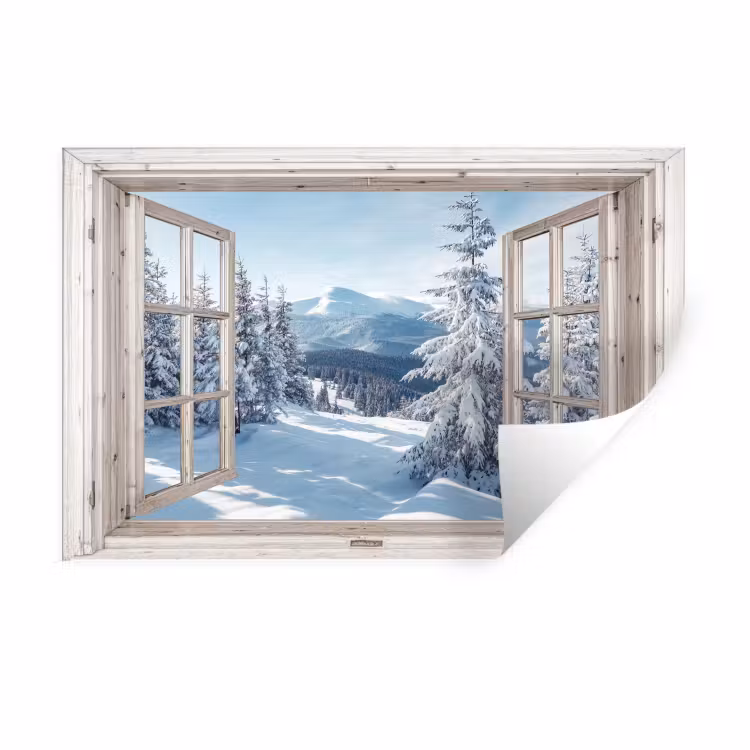 Muursticker - Doorkijk - Winter - Landschap - Natuur - Berg - Bomen - Wit — 1