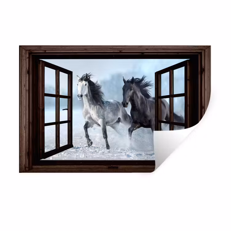 Muursticker - Paarden - Winter - Dieren - Natuur - Doorkijk — 1
