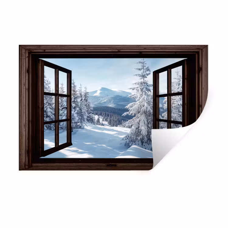 Muursticker - Winter - Landschap - Natuur - Berg - Bomen - Doorkijk - Uitzicht — 1