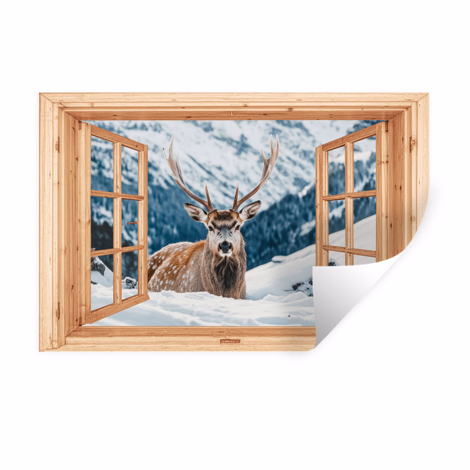 Muursticker - Doorkijk - Hert - Landschap - Winter - Natuur - Dieren - Bergen — 1