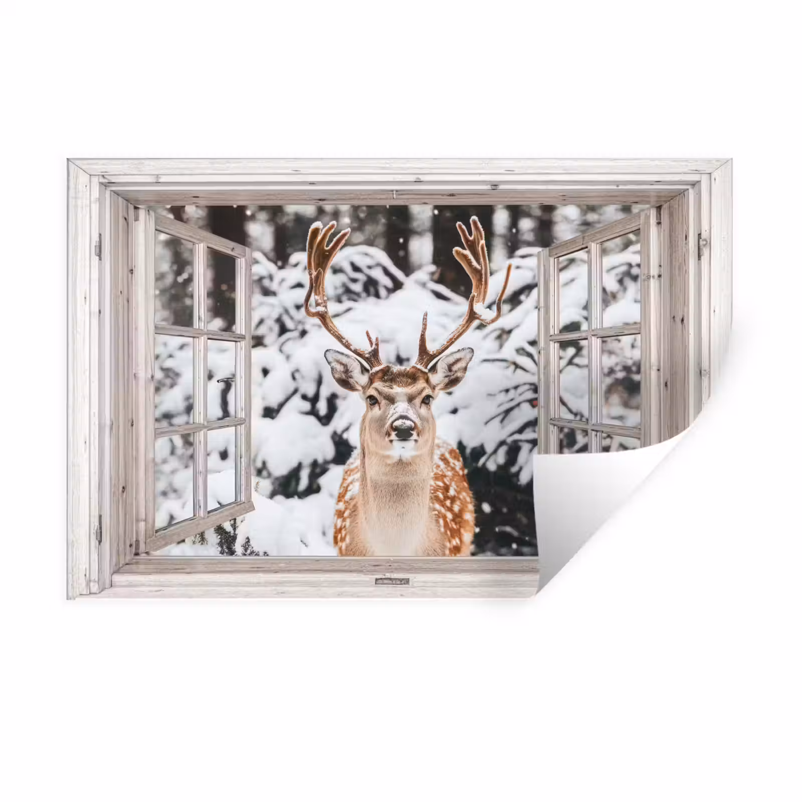 Muursticker - Doorkijk - Hert - Sneeuw - Winter - Bos - Dieren - Natuur — 1