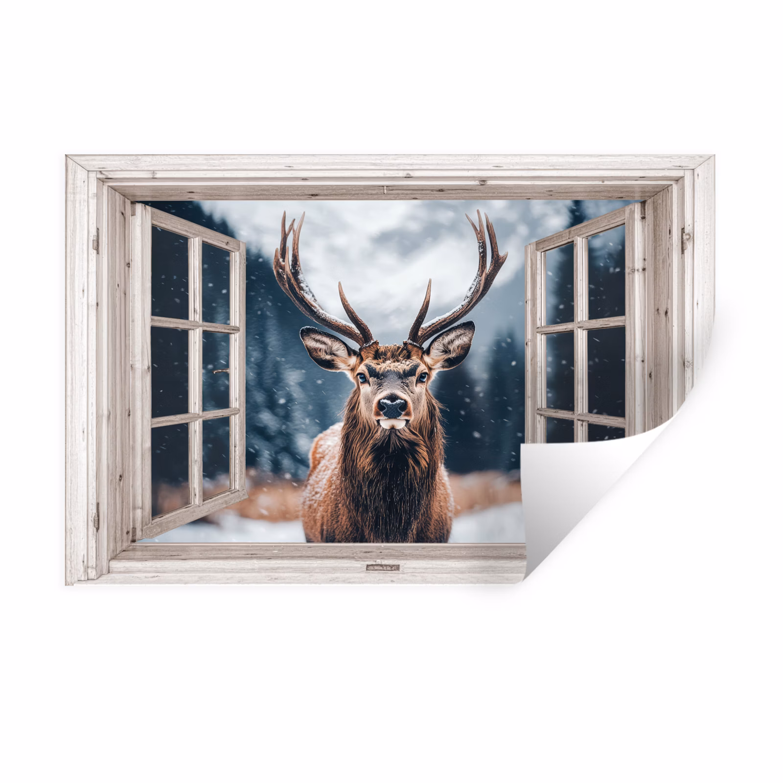 Muursticker - Hert - Dieren - Landschap - Winter - Sneeuw - Doorkijk - Natuur — 1