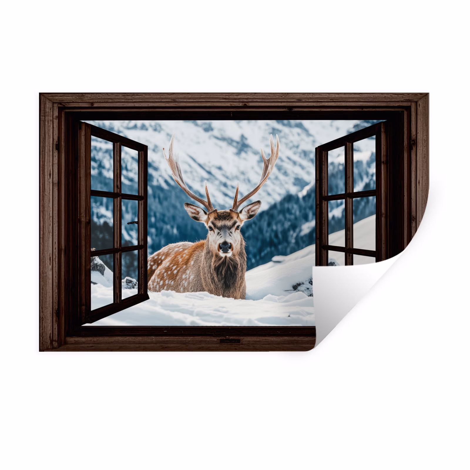 Muursticker - Hert - Landschap - Winter - Natuur - Dieren - Doorkijk - Bergen — 1
