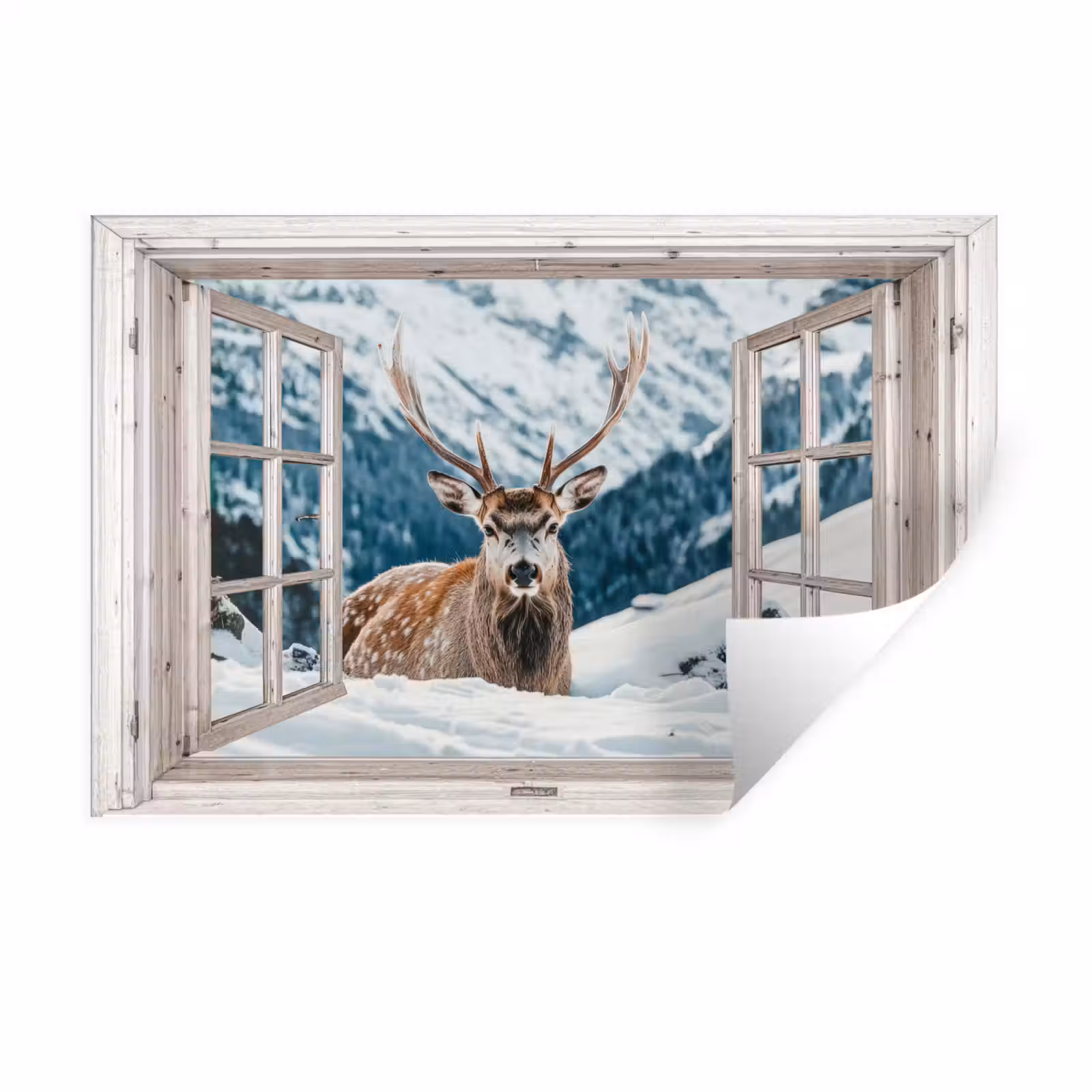 Muursticker - Hert - Winterlandschap - Natuur - Dieren - Doorkijk - Bergen — 1