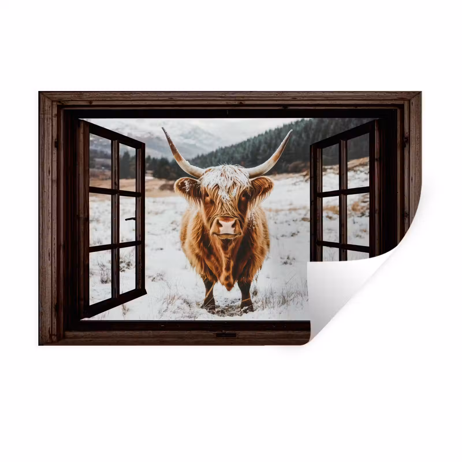 Muursticker - Schotse Hooglander - Landschap - Landelijk - Bergen - Winter - Doorkijk - Donker — 1