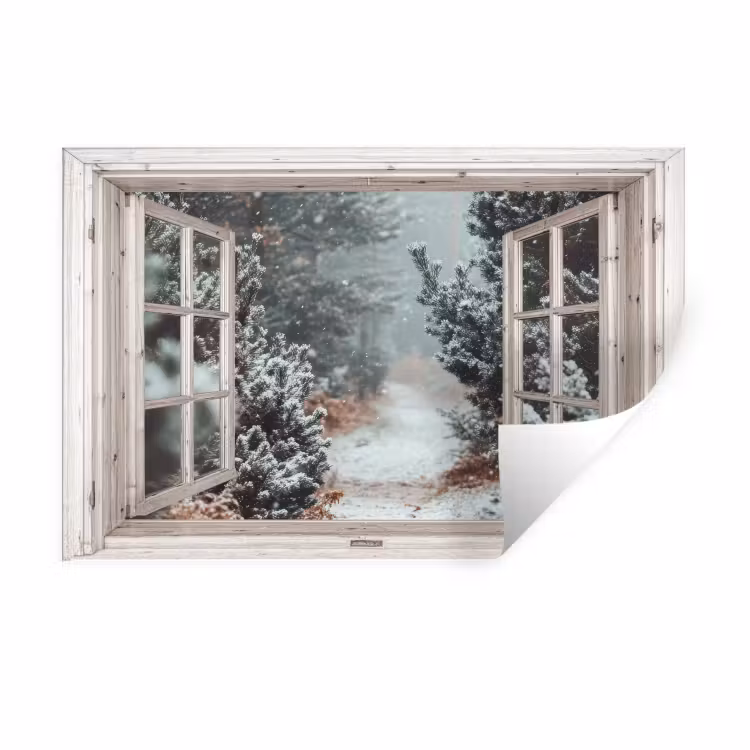 Muursticker - Bos - Winter - Bomen - Natuur - Pad - Doorkijk - Wit — 1