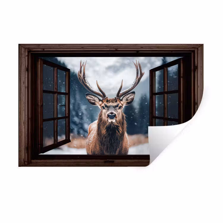 Muursticker - Doorkijk - Hert - Dieren - Landschap - Winter - Sneeuw - Landelijk — 1