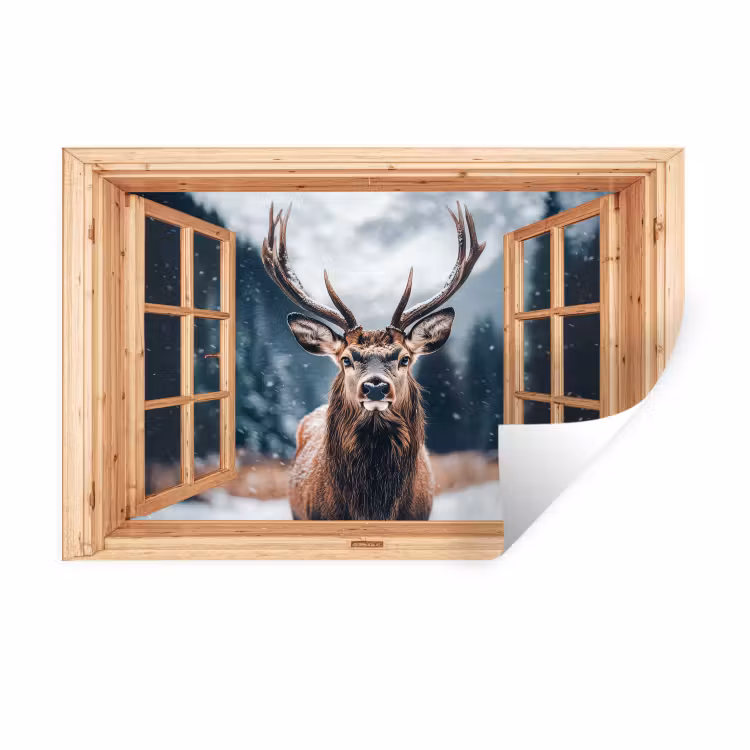 Muursticker - Doorkijk - Hert - Dieren - Winterlandschap - Sneeuw — 1