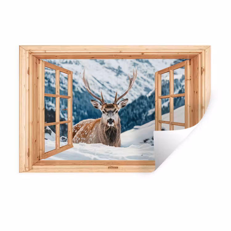 Muursticker - Doorkijk - Hert - Landschap - Winter - Natuur - Dieren - Bergen — 1