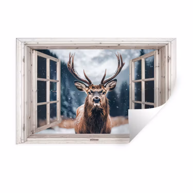 Muursticker - Hert - Dieren - Landschap - Winter - Sneeuw - Doorkijk - Natuur — 1