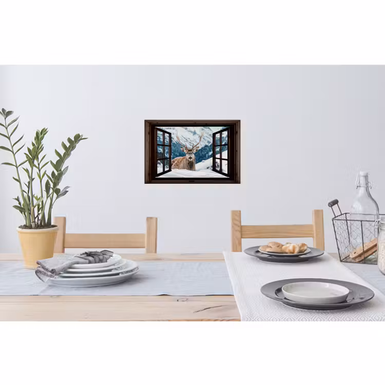 Muursticker - Hert - Landschap - Winter - Natuur - Dieren - Doorkijk - Bergen — 3