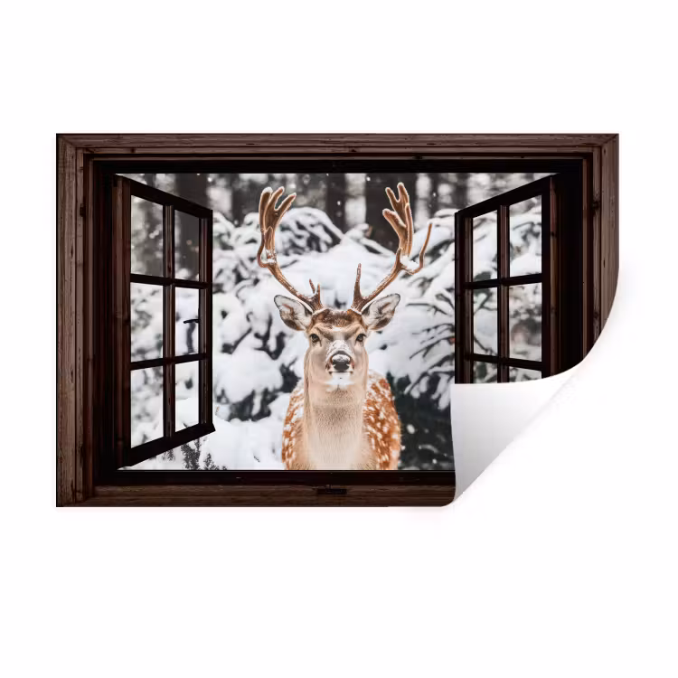 Muursticker - Hert - Sneeuw - Winter - Bos - Dieren - Doorkijk — 1