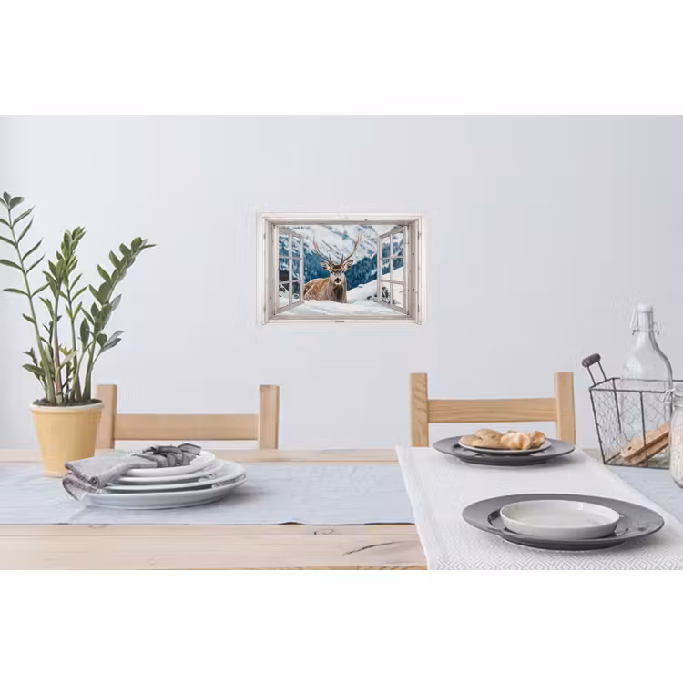 Muursticker - Hert - Winterlandschap - Natuur - Dieren - Doorkijk - Bergen — 3