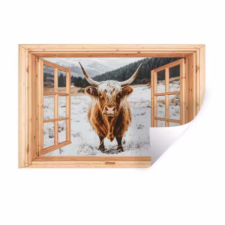 Muursticker - Schotse Hooglander - Landschap - Landelijk - Bergen - Winter - Doorkijk — 1